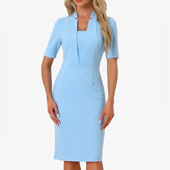 Allegra K Dresses & Skirts - Allegra K Formal Pencil V Neck Short Sleeve Office Bodycon Sheath Dress, blue